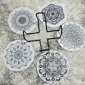 Flower Mandala Ceramic Drink Coasters with Metal Caddy (5 Coasters)